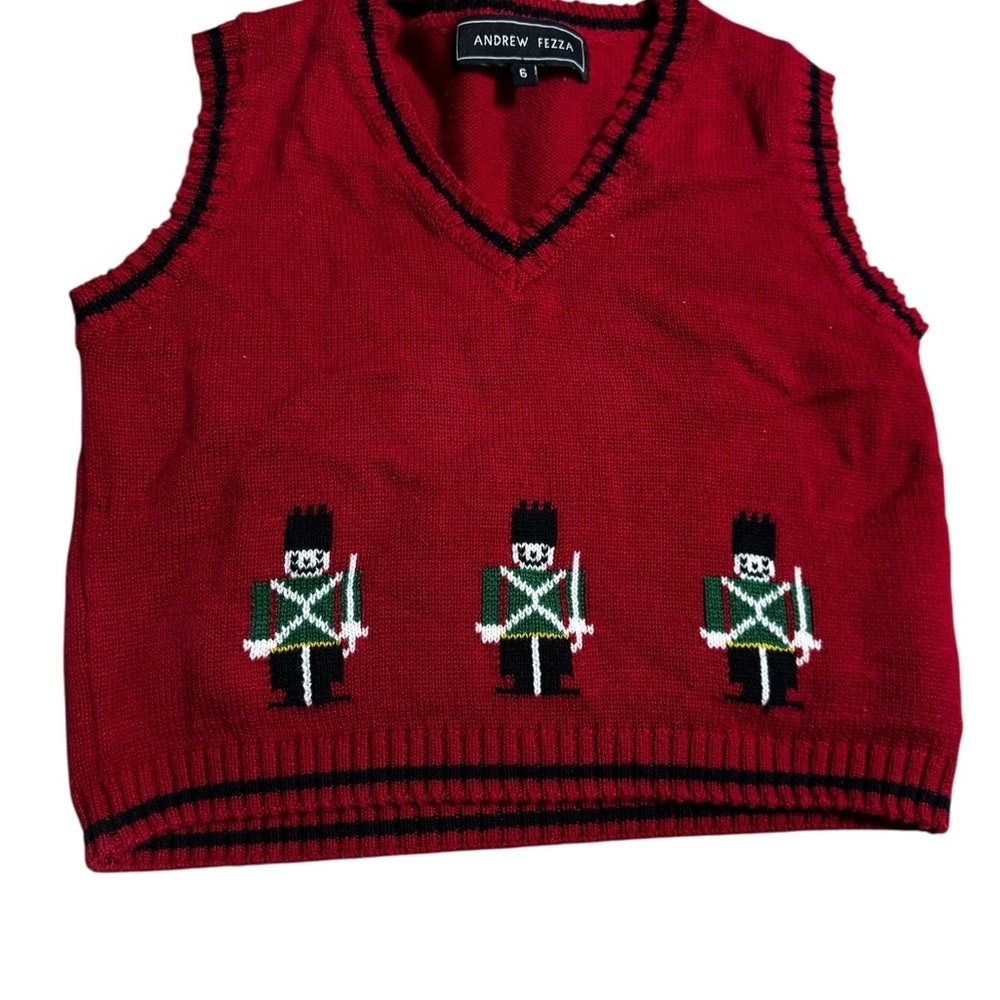 Andrew Fezza Red Sweater Vest with Toy Soldier Design